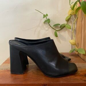 Black Leather Block Heel Mules